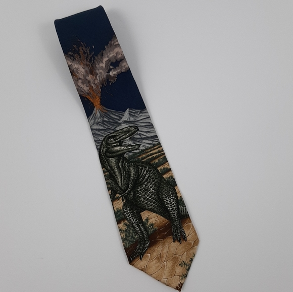 Endangered Species Dinosaur T-Rex and Volcano 100% Silk Necktie - Picture 8 of 8